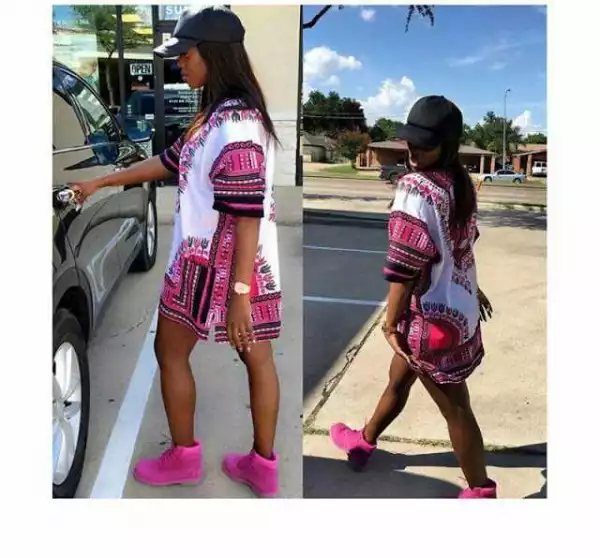 Photo: Tiwa Savage In Short Print Dress And Pink Timberland Shoes